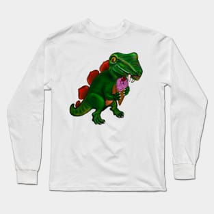 Dinosaur with ice cream  - green and orange dinosaur with sharp teeth fangs enjoying an ice cream treat with. Cherry on top Long Sleeve T-Shirt